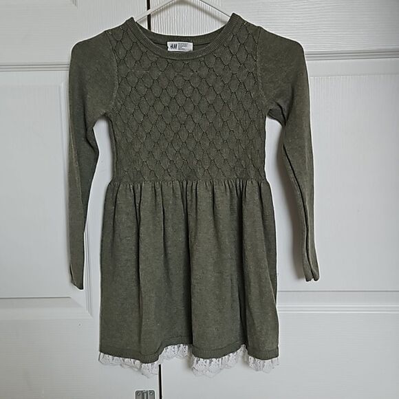H&M Girl's Knitted Long Sleeves Midi Sweater Dress With Lace Hem 6-7 Olive Green - Picture 2 of 16